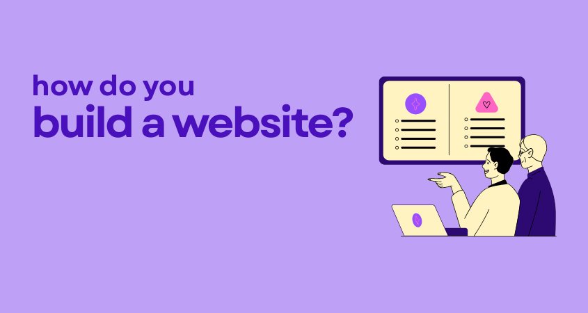 Illustration of two people working on a laptop and pointing at a checklist on a screen, with text that says 'how do you build a website?' on a purple background.