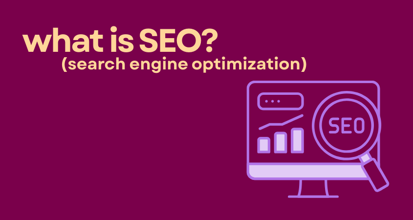 Illustration of a computer monitor with charts and a magnifying glass highlighting the word SEO, with text 'what is SEO? (search engine optimization)' on a dark red background.