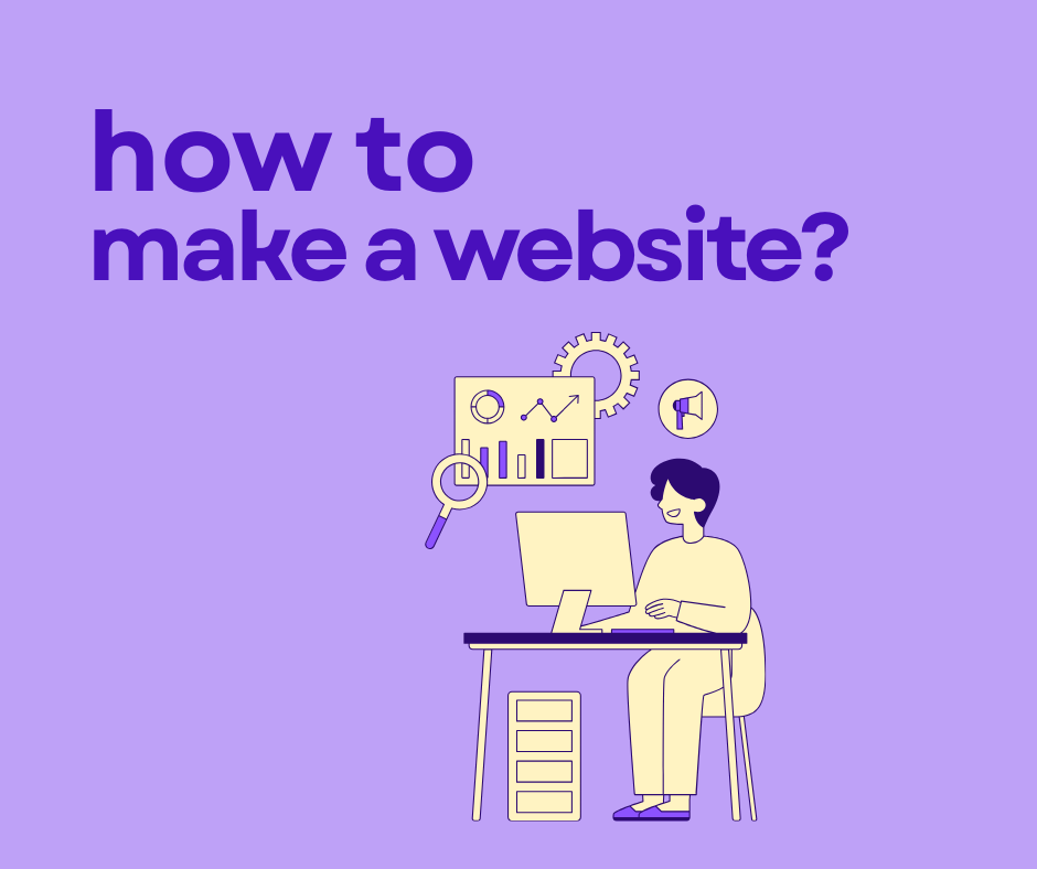 Illustration of a person sitting at a desk working on a computer with graphs and gears above, with text that says 'how to make a website?' on a purple background.