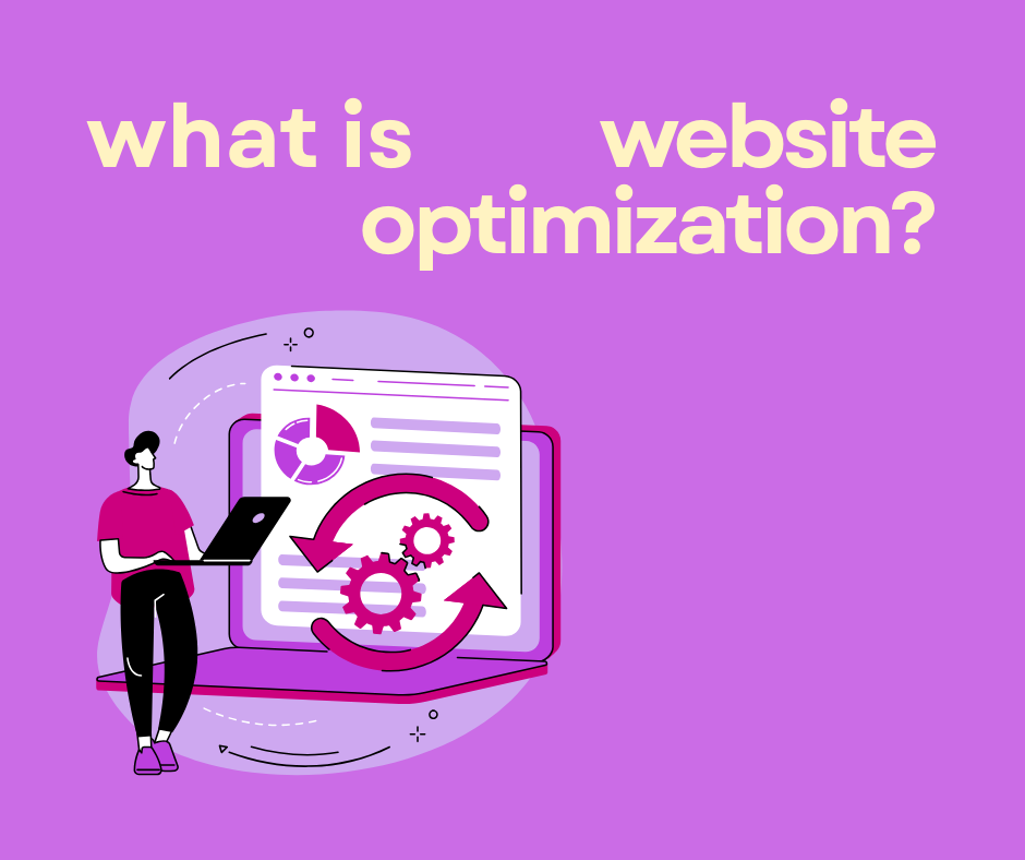 Illustration of a person with a laptop standing next to a large screen with graphs and rotating gears, with text 'what is website optimization?' on a purple background.