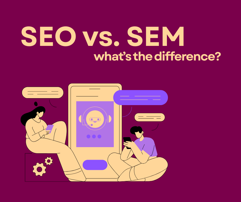Illustration of two people using their phones with a chatbot displayed on a large mobile screen, with text 'SEO vs. SEM – what’s the difference?' on a dark red background.