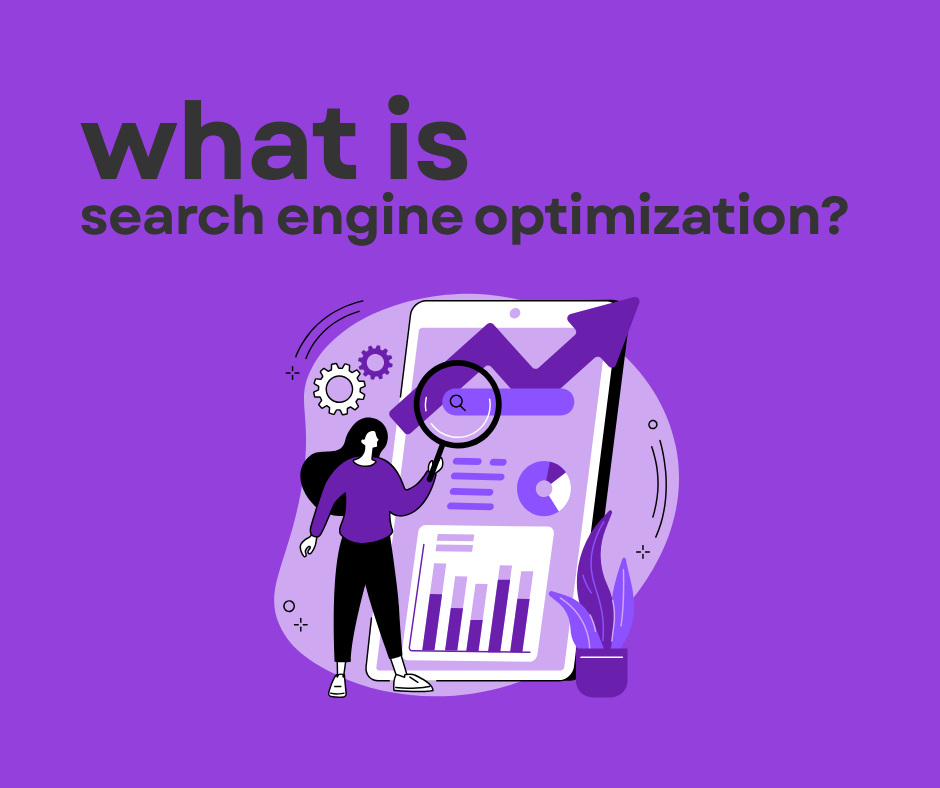 Illustration of a woman holding a magnifying glass in front of a large smartphone showing charts and graphs, with text that says 'what is search engine optimization?' on a purple background.